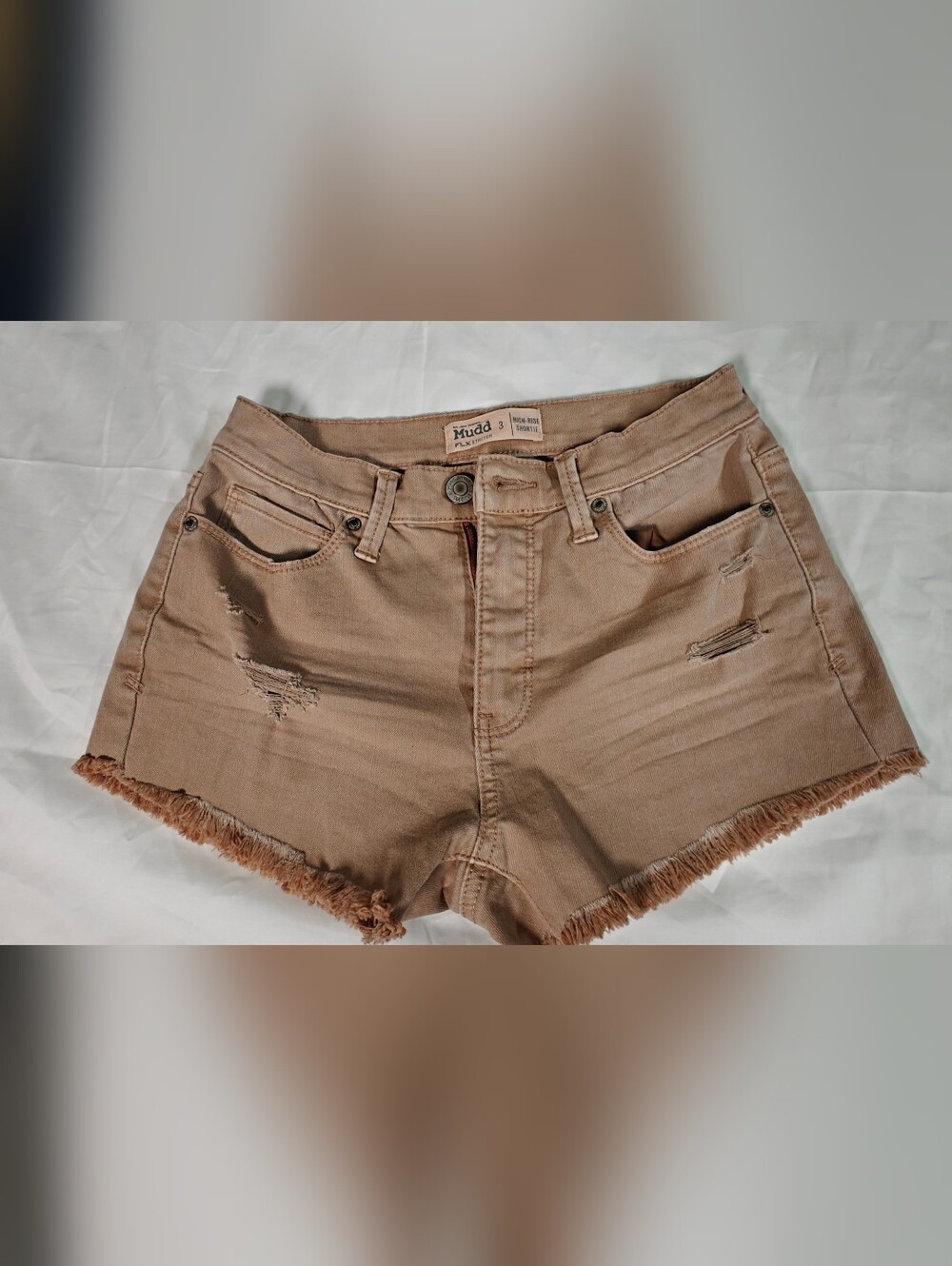 Mudd Distressed Tan Frayed-Hem Denim Shorts